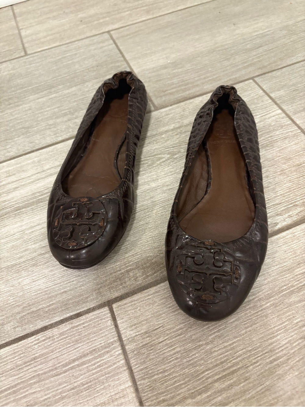 Tory Burch Dark Brown Quilted Logo Ballet Flats